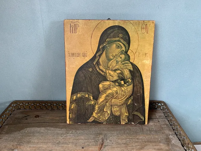 ドイツ 聖母マリア プリント壁掛アート 木製版 ヴィンテージ 【オランダから直送】