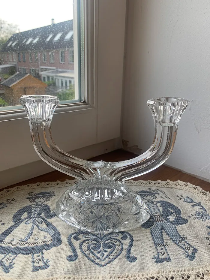 オランダ 80s クリスタルガラス 2本のアーム ヴィンテージ キャンドルスタンド・ホルダー 【オランダから直送】
