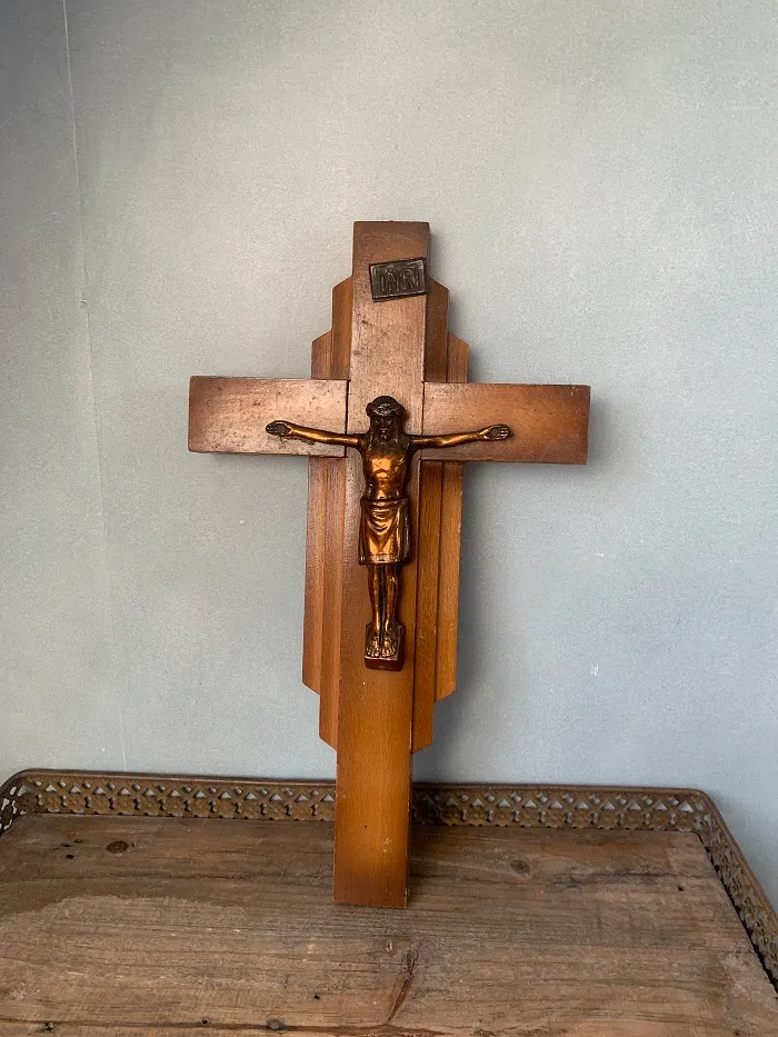 -SOLDOUT-INRI ドイツ 50s イエスキリスト 真鍮 クロス 十字架 アンティーク 壁掛け 木製 オブジェ 【オランダから直送】
