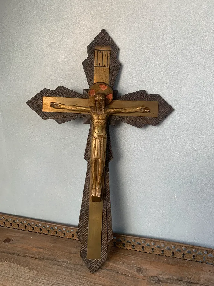 -SOLDOUT-ドイツ 50s INRI イエスキリスト メタル 真鍮 クロス 十字架 アンティーク 壁掛け オブジェ 【オランダから直送】