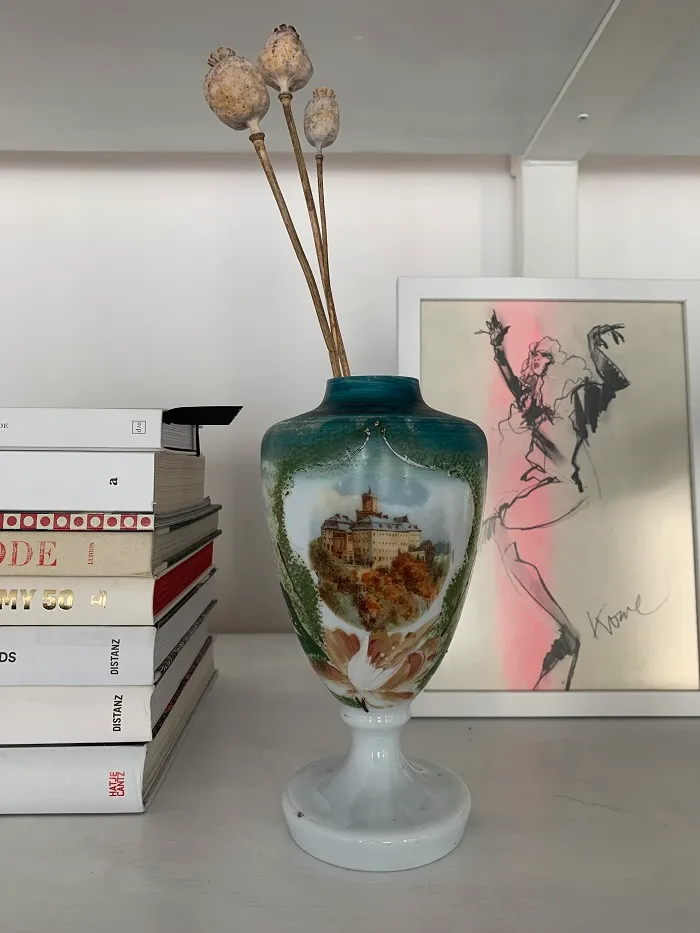 ベルギー 50s お城 キャッスル ハンドペイント ガラス フラワーベース・花瓶 ヴィンテージ 【オランダから直送】