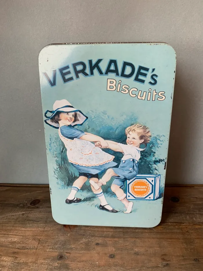-SOLDOUT-オランダ 50s VERKADE 子供 レトロ ヴィンテージ ビスケット缶 ティン缶 【オランダから直送】
