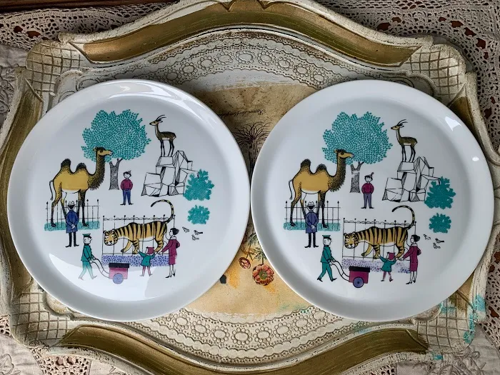 -SOLDOUT-ドイツ 70s メリタ 動物園 イラスト 陶器 皿 ２枚セット