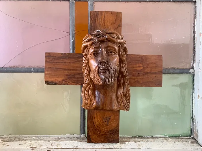 ベルギー 40s INRI イエスキリスト クロス 顔 木製 手彫り 十字架 アンティーク 壁掛け オブジェ 【オランダから直送】