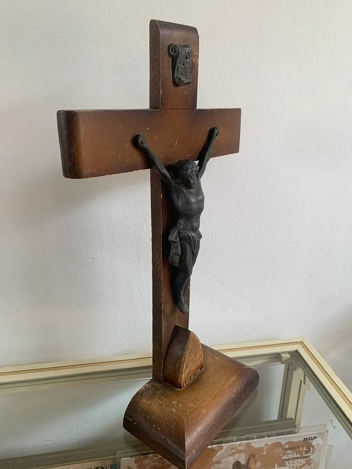 -SOLDOUT-INRI ベルギー 40s イエスキリスト 木製 十字架 アンティーク スタンド