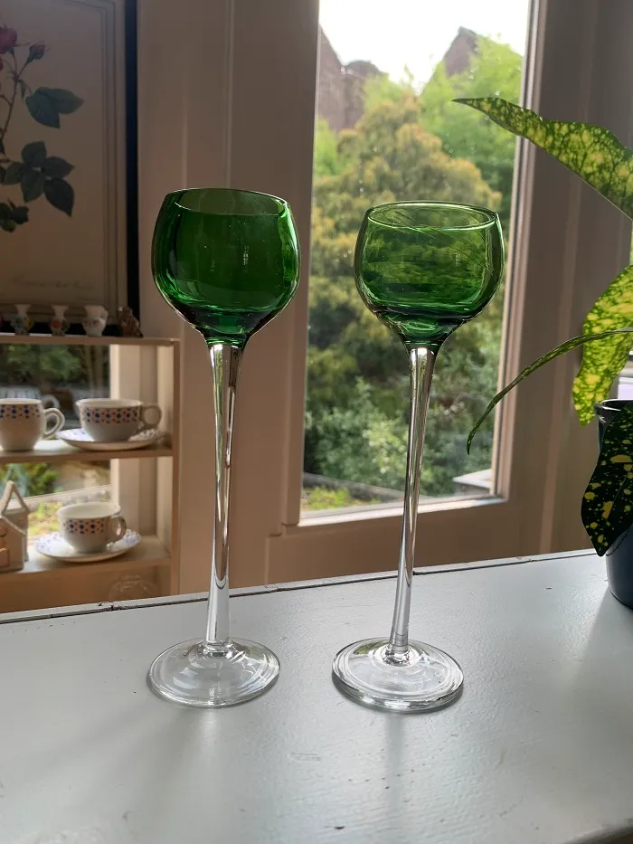 フランス 70s 吹きガラス ロングステム グリーン 緑 ミニグラス