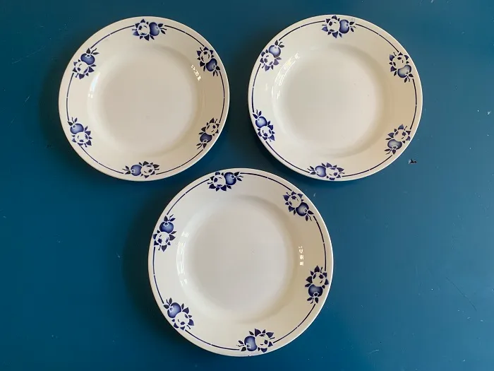 フランス 30s St.AMAND サンタマン  陶器 アンティーク 皿 ステンシル ブルー3枚セット