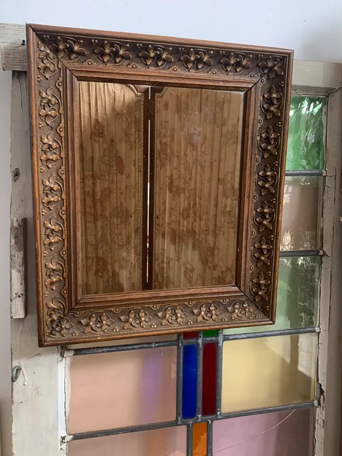 お花 木製フレーム 鏡 ミラー アンティーク 壁掛け 手彫り