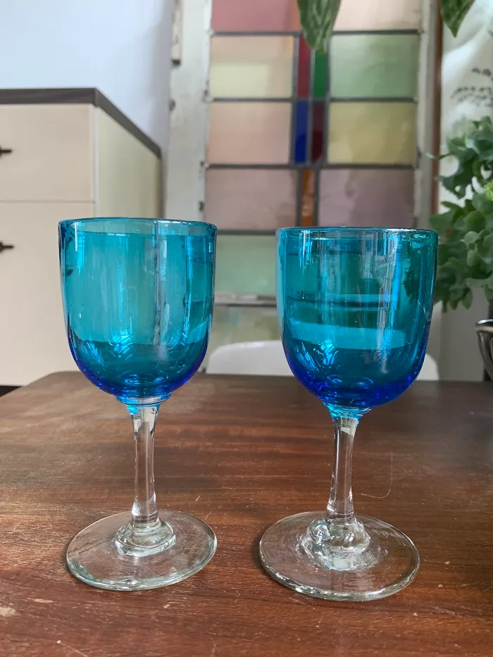 フランス 50s 吹きガラス ブルー ミニグラス・リキュールグラス アンティーク 2点セット
