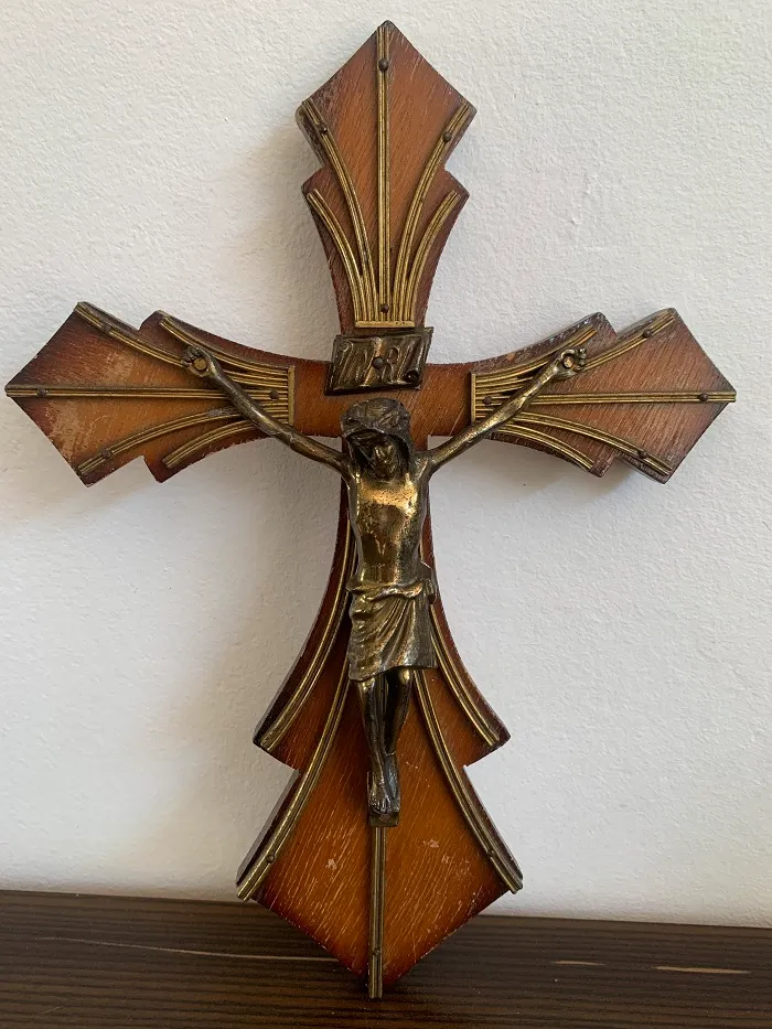 ベルギー 30s イエスキリスト クロス 木製 十字架 真鍮 アンティーク 壁掛け オブジェ