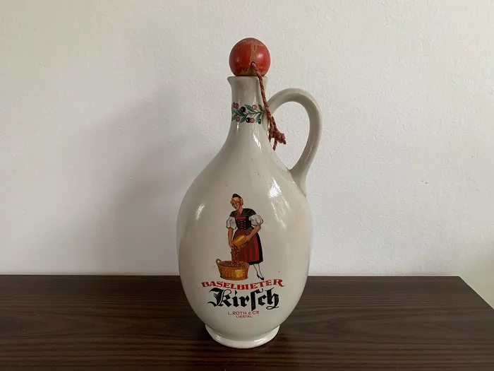 スイス 50s Baselbieter Kirsch キルシュヴァッサー 空きボトル 花瓶 陶器 木製の蓋 ヴィンテージ