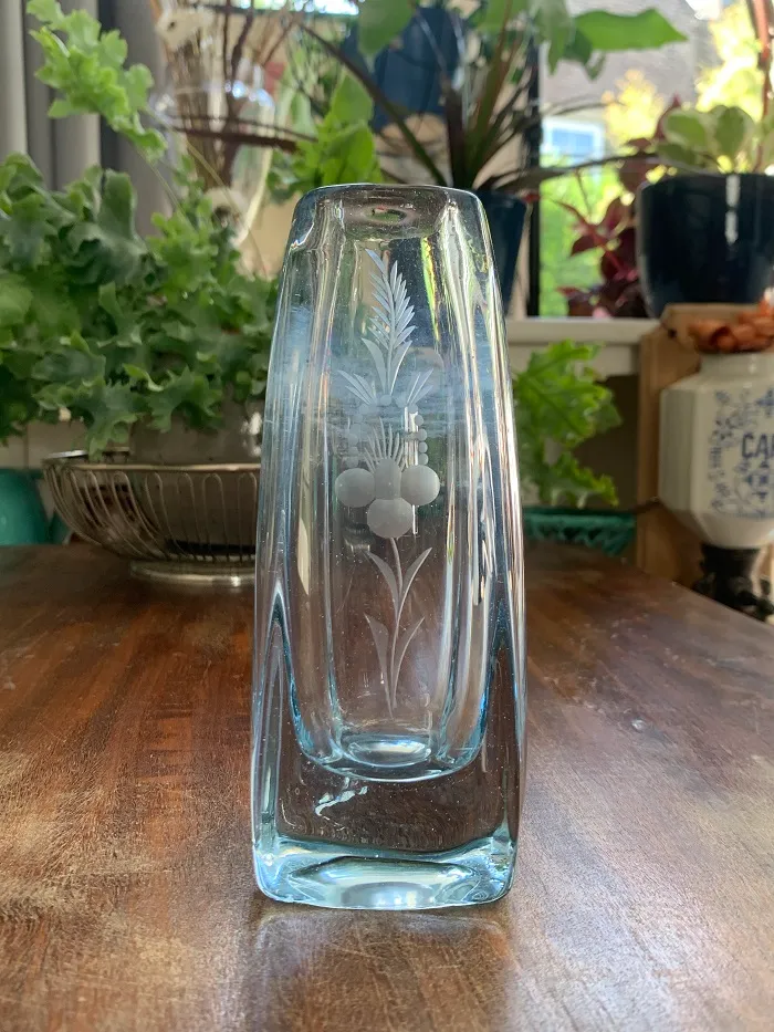 ガラス 花瓶 フラワーベース エッチング ブルー ヴィンテージ