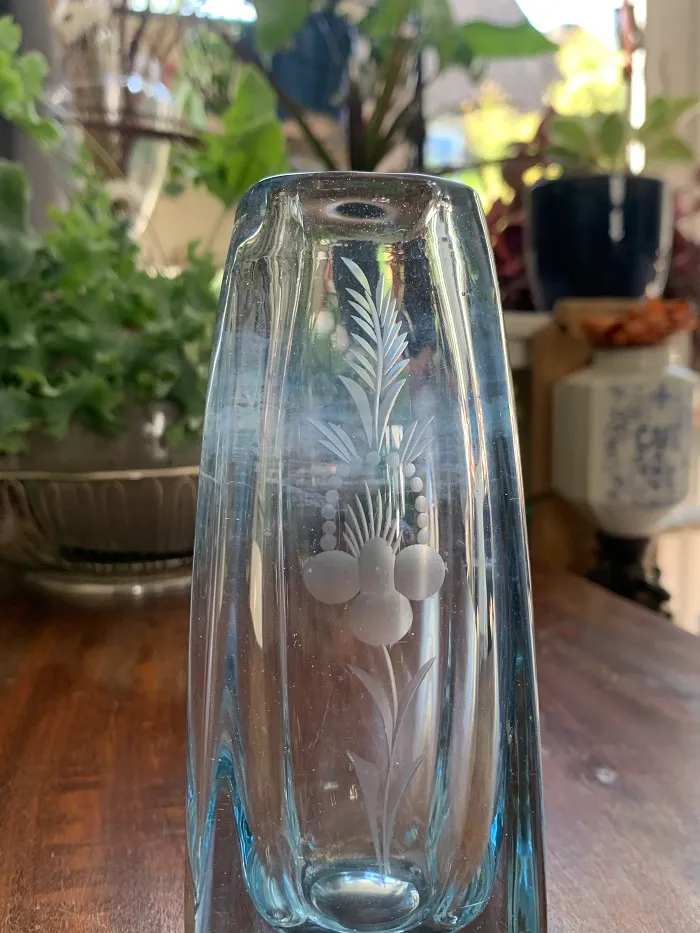 ガラス 花瓶 フラワーベース エッチング ブルー ヴィンテージ | Blue 