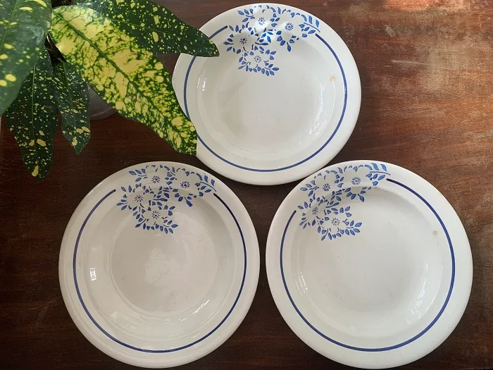 フランス 30s Faiencerie Nouvelle De Givors アンティーク プレート・お皿 陶器  3枚セット 青い桜 ステンシル