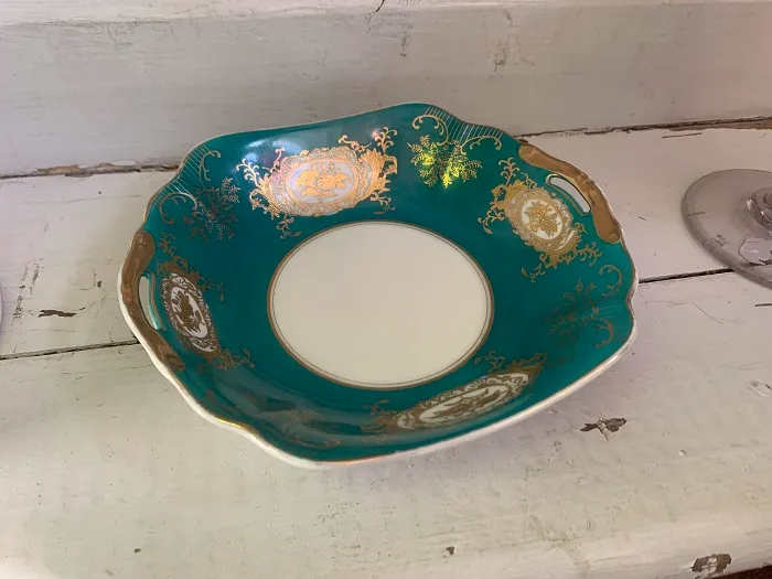 エメラルドグリーン ゴールド アンティーク プレート 皿 ボウル 陶器