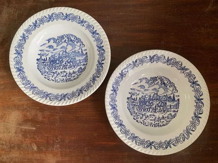 フランス 20s Luneville リュネヴィル 陶器 白 アンティーク 皿・パスタプレート ブルー お花 カントリー調 2枚セット