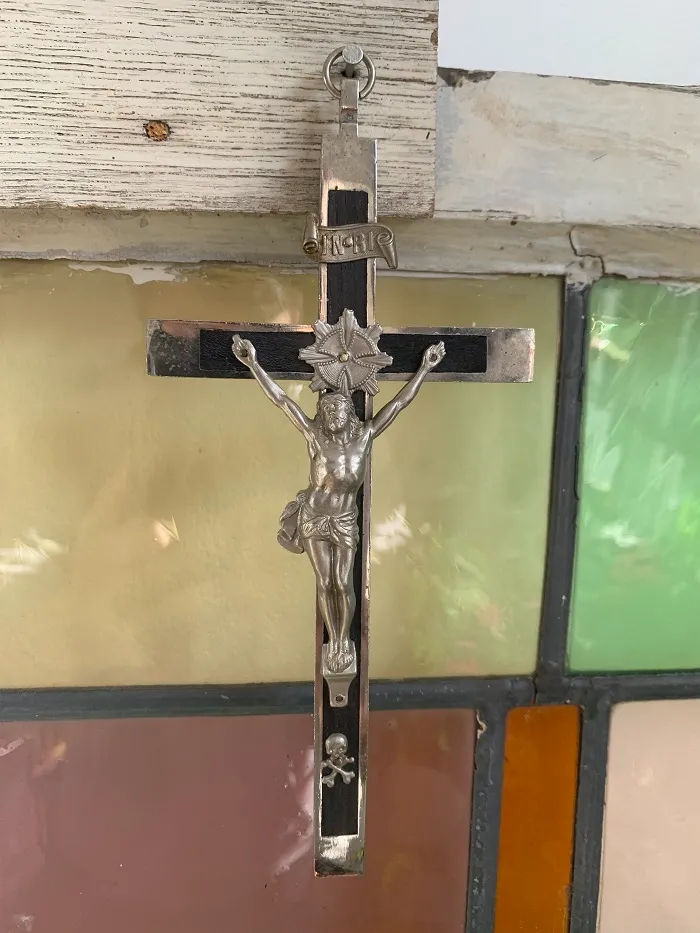 -SOLDOUT-フランス・パリ買い付け 50s イエスキリスト クロス 木製 十字架 シルバー アンティーク 壁掛け
