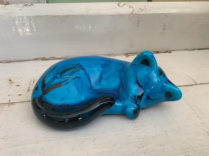 フランス・パリ買い付け グレイズ 眠り猫 ネコ  置物 陶器 ターコイズブルー アンティーク