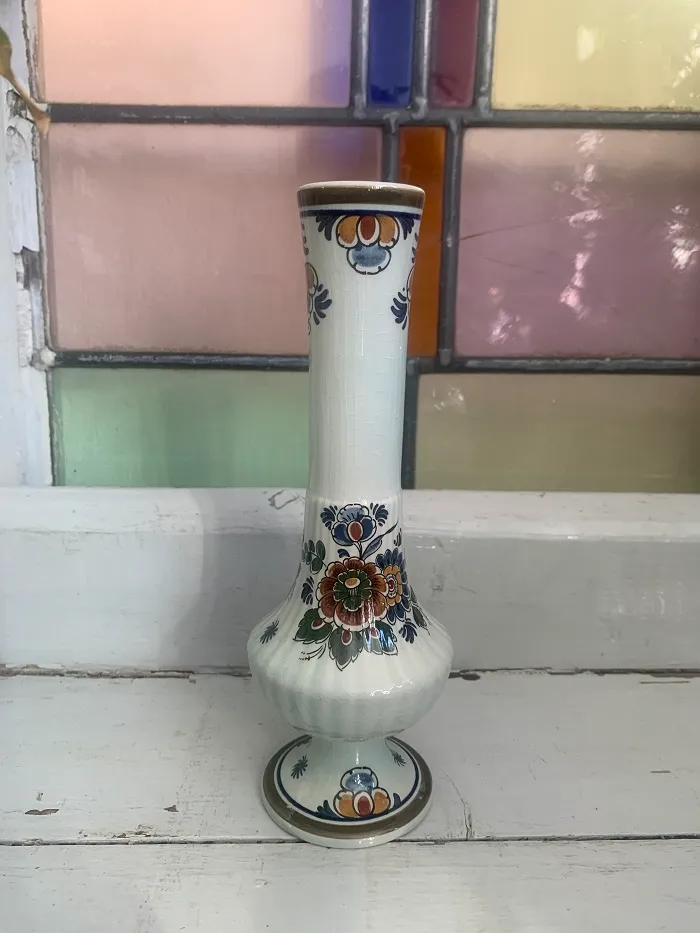 オランダ 70s Delft デルフト フラワー ハンドペイント レトロ 花瓶 陶器 ヴィンテージ