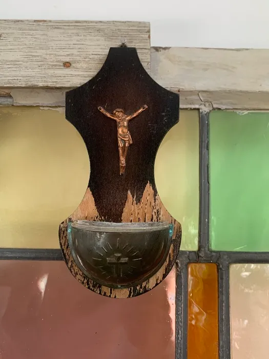 ベルギー 50s 聖水盤 十字架 ブロンズ 木製 イエスキリスト 壁掛け ヴィンテージ