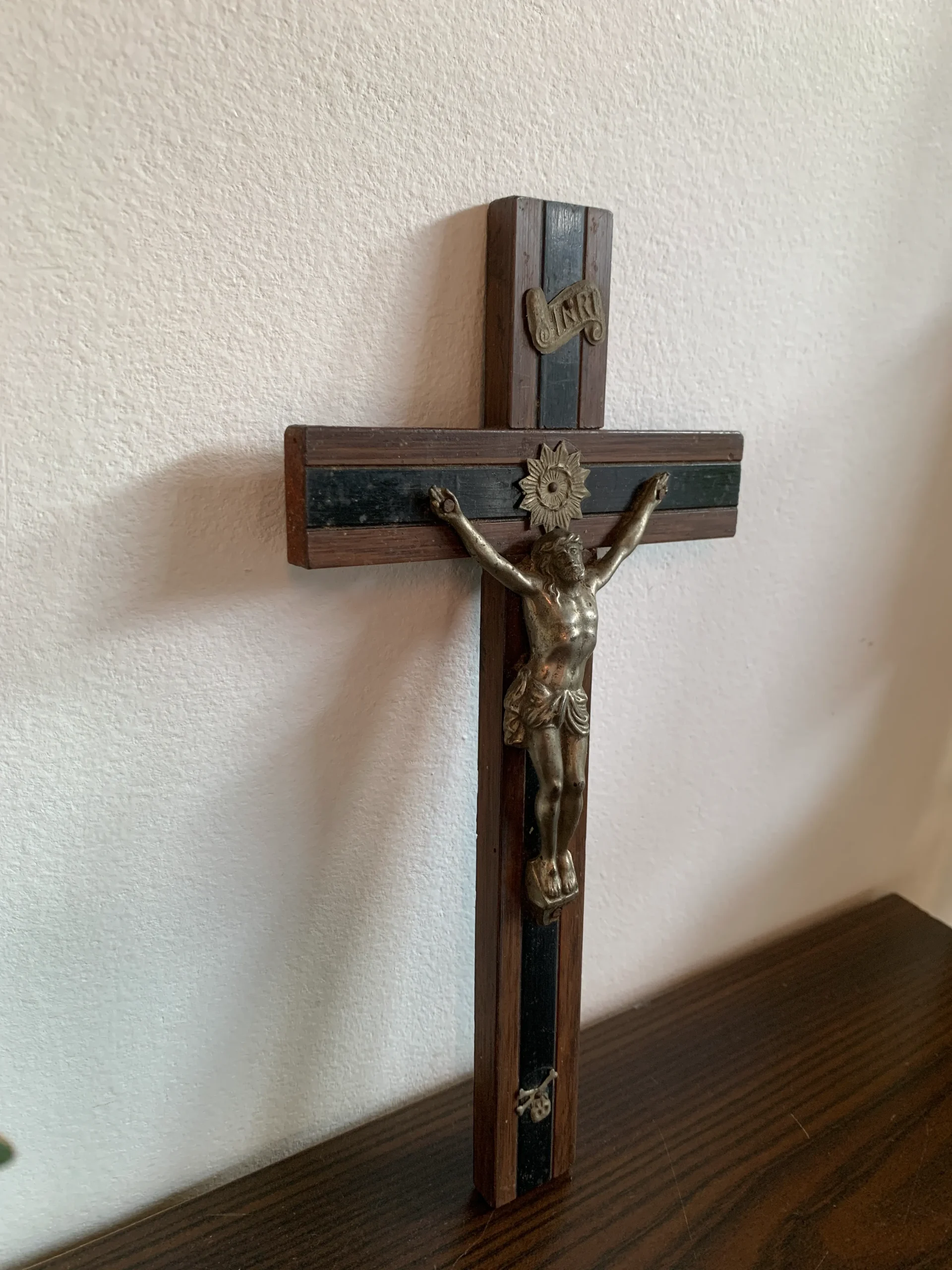 -SOLDOUT-ベルギー 50s INRI イエスキリスト クロス 木製 十字架 真鍮 アンティーク 壁掛け オブジェ
