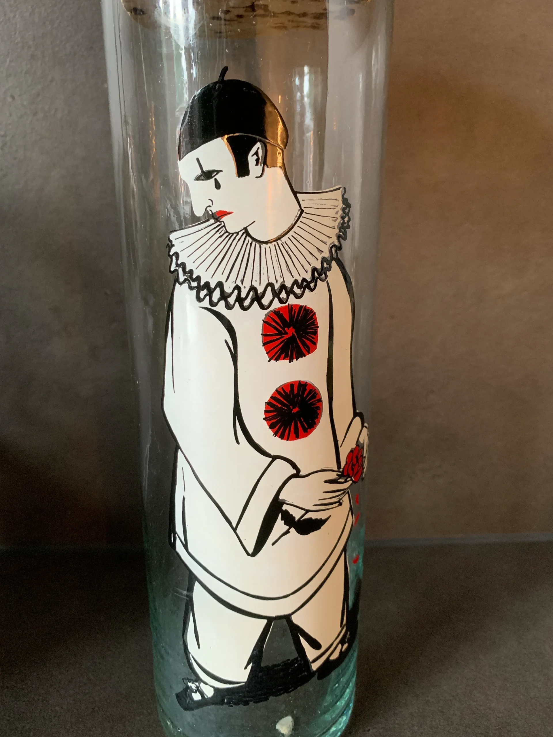 ベルギー 80s 白いピエロ ガラス ジャー キャニスター コルク 蓋 ヴィンテージ 花瓶