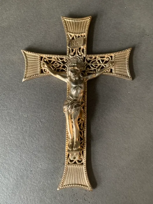-SOLDOUT-フランス 50s INRI イエスキリスト クロス 木製 十字架 真鍮 アンティーク 壁掛け