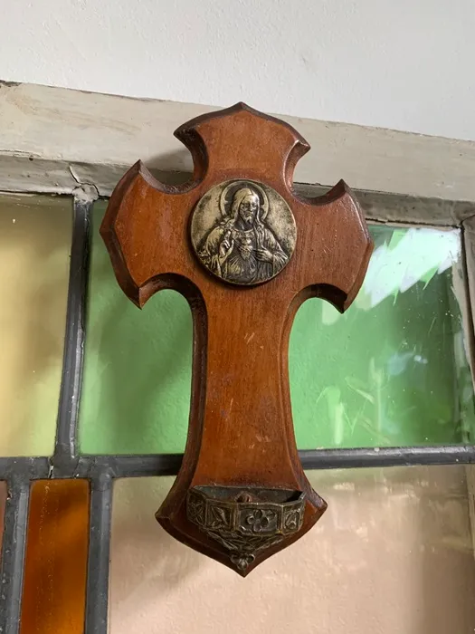 フランス 50s 聖水盤 十字架 木製 イエスキリスト 壁掛け ヴィンテージ
