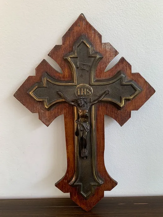 フランス 30s イエスキリスト クロス 木製 十字架 銅 アンティーク 壁掛け