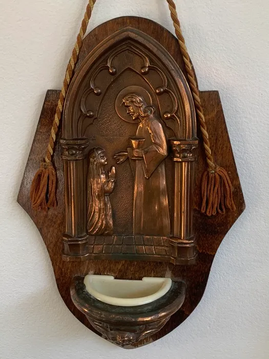 ベルギー 30s 聖水盤 ブロンズ 木製 聖母マリア 壁掛け ヴィンテージ
