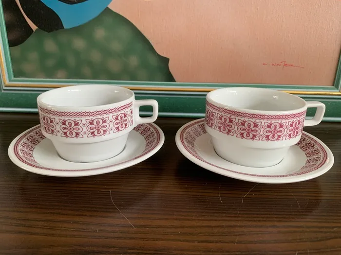 ドイツ 70s BAVARIA ババリア コーヒーカップ＆ソーサー ピンク お花 陶器 幾何学模様 2点セット