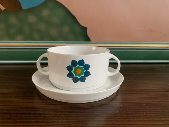 ドイツ 70s THOMAS トーマス スープカップ ブルー お花 レトロポップ 陶器 ヴィンテージ