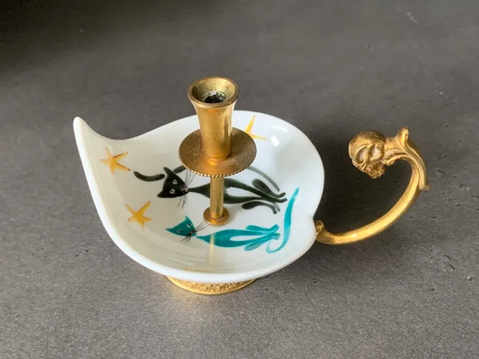 フランス 50s 猫 陶器 真鍮 キャンドルホルダー ヴィンテージ