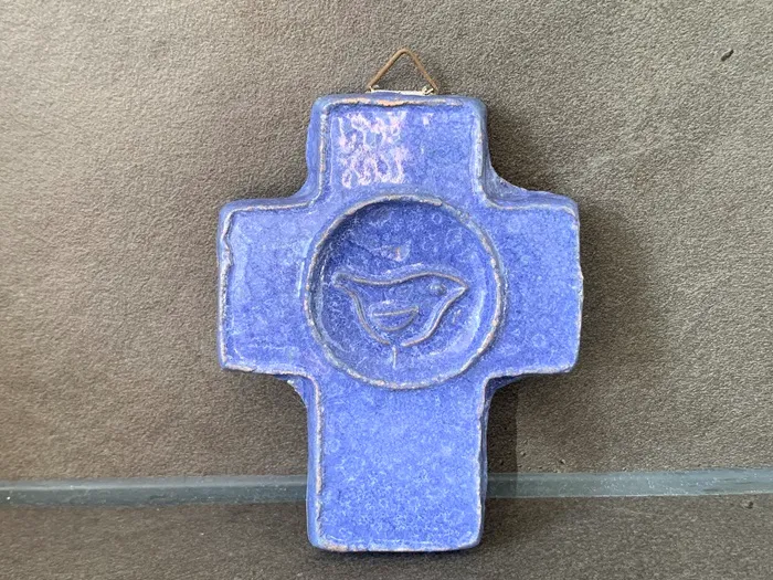フランス 50s 小鳥 クロス 陶器 十字架 ブルー アンティーク 壁掛け