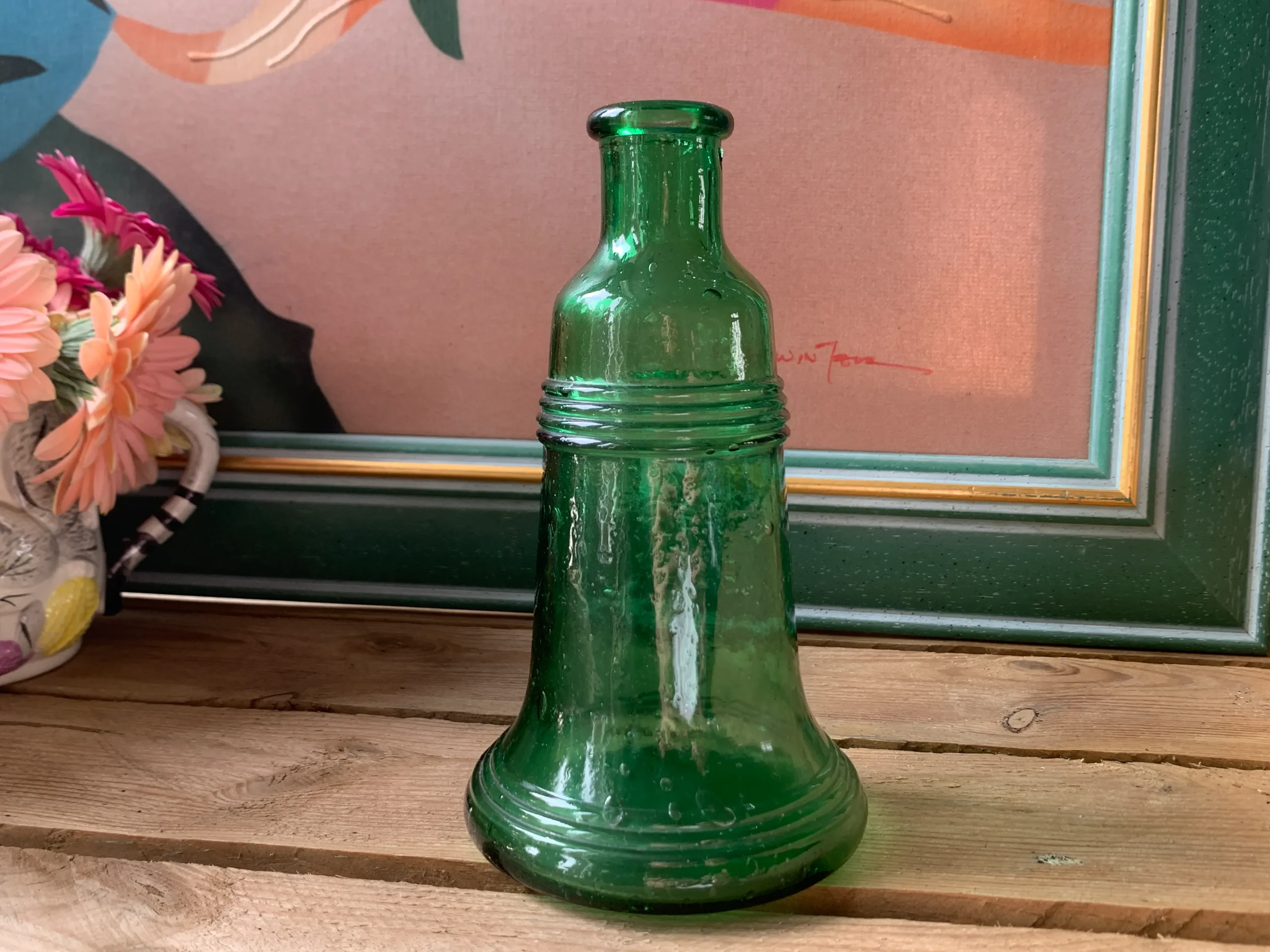 ベル グリーンガラス ヴィンテージ 花瓶 フラワーベース 空きボトル