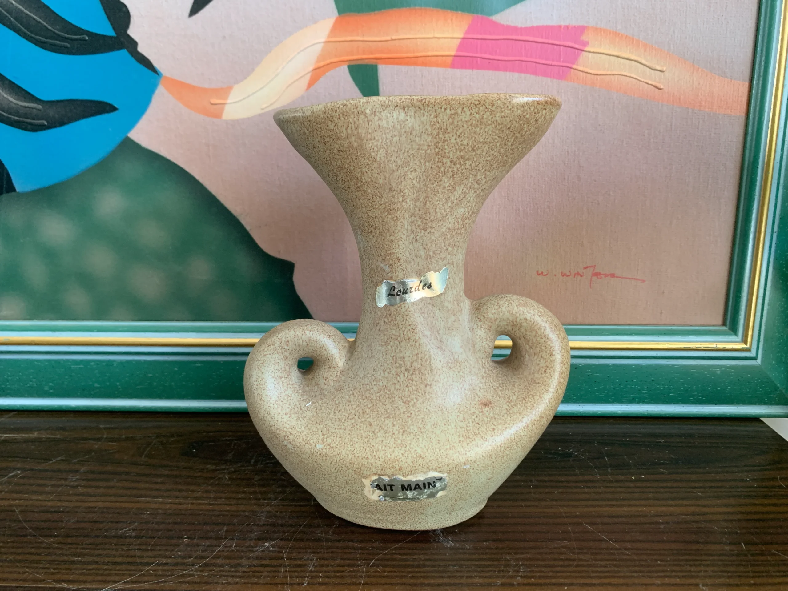 フランス 50s フラワー 花瓶 ルルドの泉 陶器 持ち手付き ハンドメイド ヴィンテージ