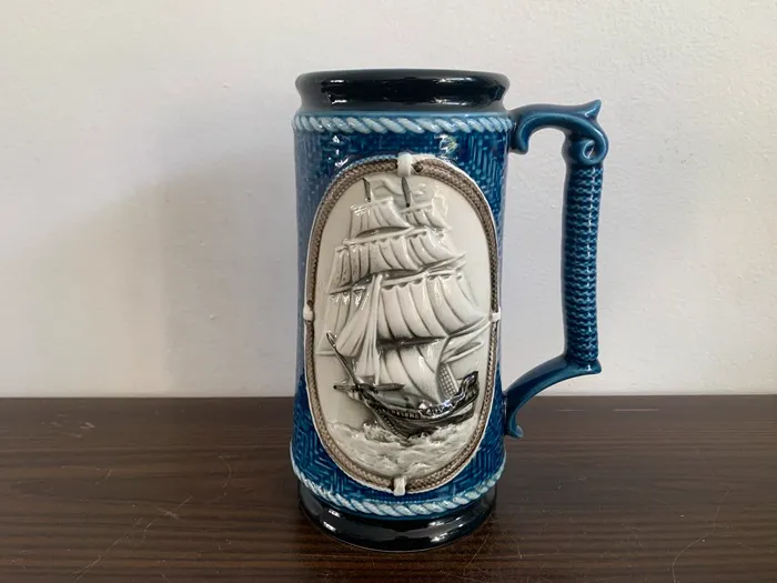 オランダ 60s ビアマグ 帆船 陶器 ホワイト ブルー 花瓶 アンティーク