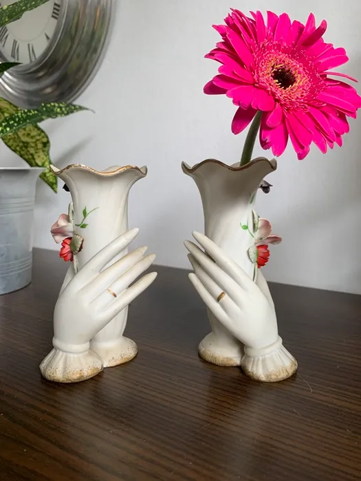 フランス 70s 女性の手 お花 花瓶 陶器 ヴィンテージ 2点セット