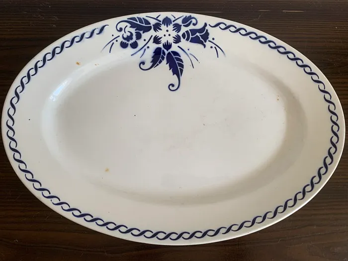 ベルギー 30s ボッホ Boch 大皿 オーバル 陶器 ステンシル 青いお花 アンティーク
