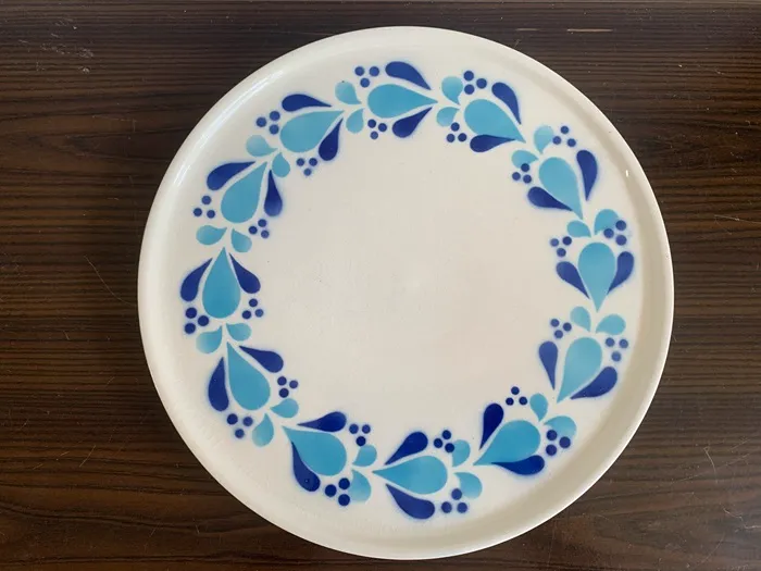 ドイツ 40s ステンシル 青いお花 ハート 陶器 大皿・プラッター アンティーク