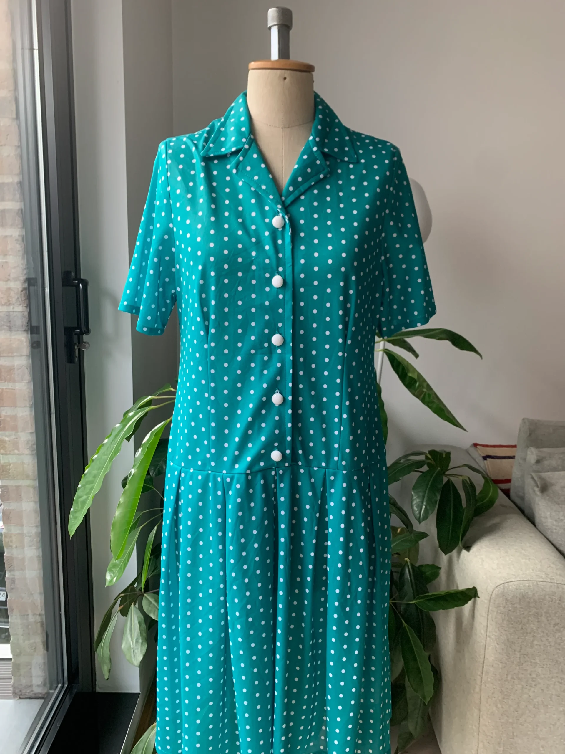 イギリス製 古着 70s Deanes ワンピース 水玉 グリーン ホワイト ドレス