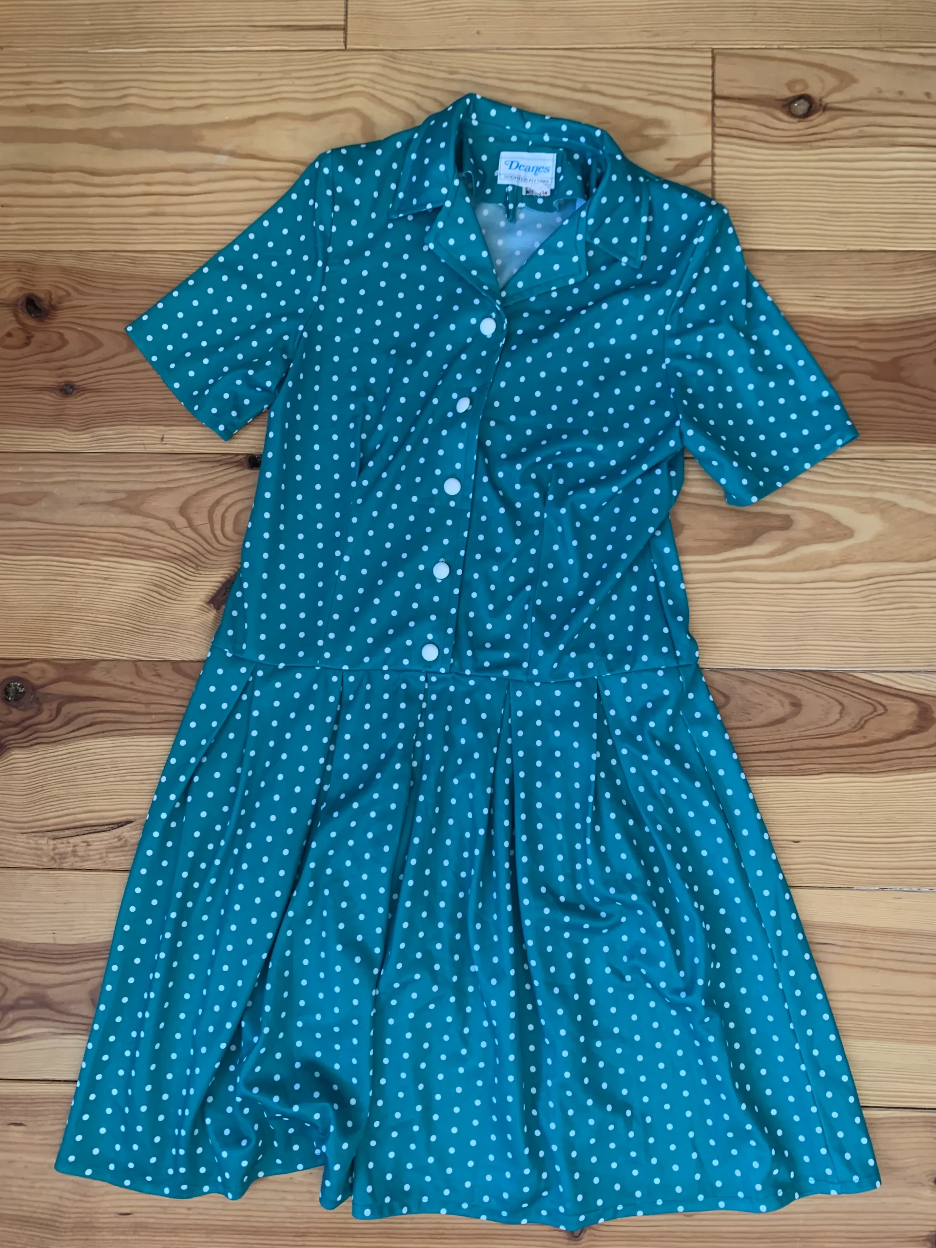 イギリス製 古着 70s Deanes ワンピース 水玉 グリーン ホワイト ドレス