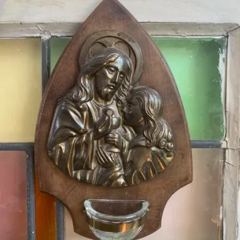 フランス 30s 聖水盤 イエスキリスト 聖母マリア ブロンズ 木製