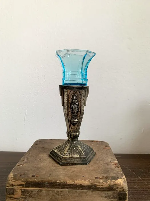 フランス 20s キャンドル ホルダー 聖母マリア ブルーガラス アンティーク