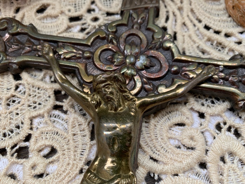 -SOLD OUT-ベルギー 30s INRI イエスキリスト メタル/真鍮 アンティーク 壁掛け 十字架 クロス
