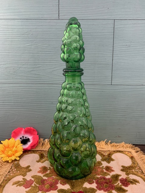 -SOLDOUT-ベルギー 70s グリーングラス 葡萄 グレープ クラスター ワインボトル 花瓶 デカンター ヴィンテージ・アンティーク