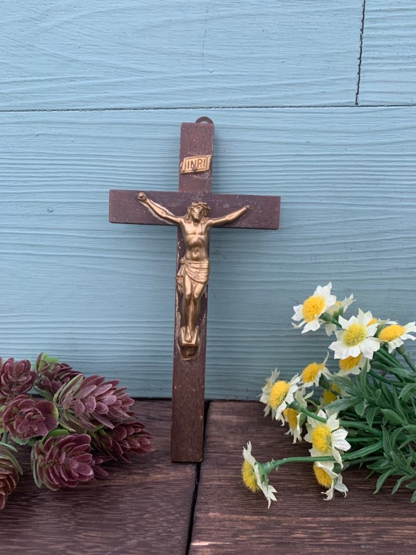 ドイツ INRI イエスキリスト プラスチック/木製 アンティーク 壁掛け 大ぶり 十字架 クロス