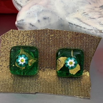 ドイツ 80s お花 ガラス スクウェア グリーン 緑 金箔 ヴィンテージイヤリング コスチュームジュエリー