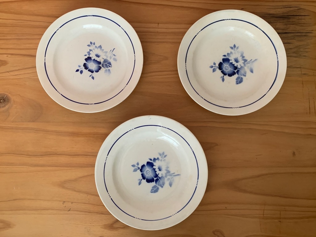 フランス 30s St.AMAND サンタマン ステンシル 青い花 白い花 陶器 