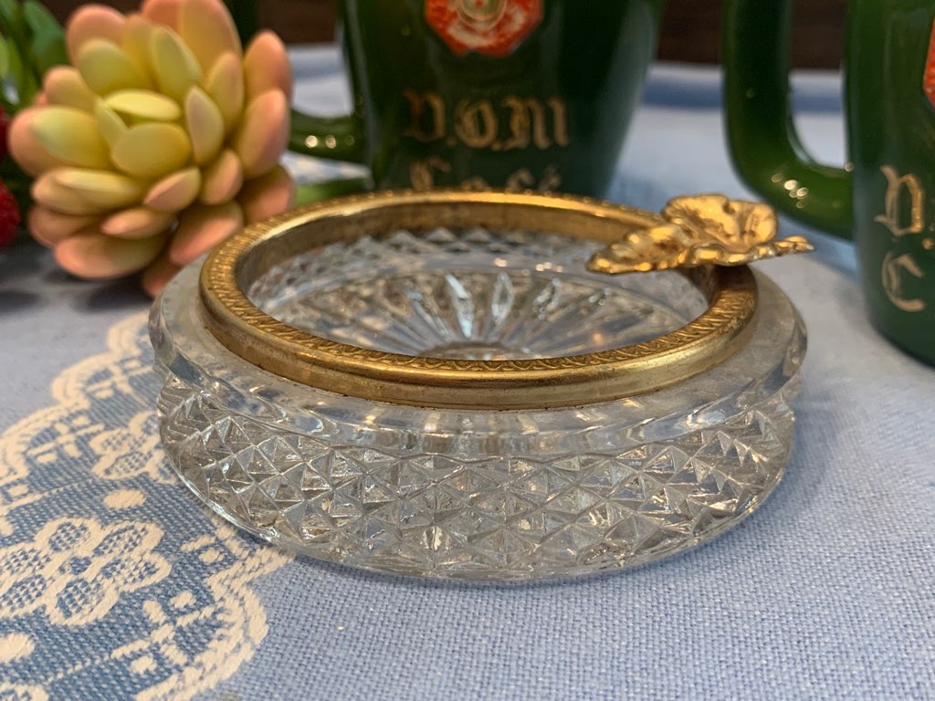 SOLDOUT-フランス 50s クリスタルプレスガラス 真鍮 リーフ